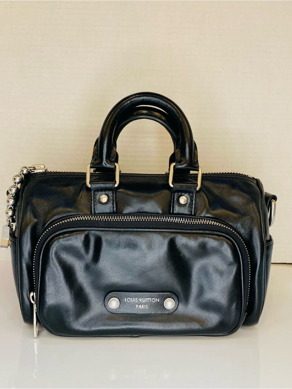 Louis Vuitton Keepall Black Leather Satchel with Front Zip Pocket